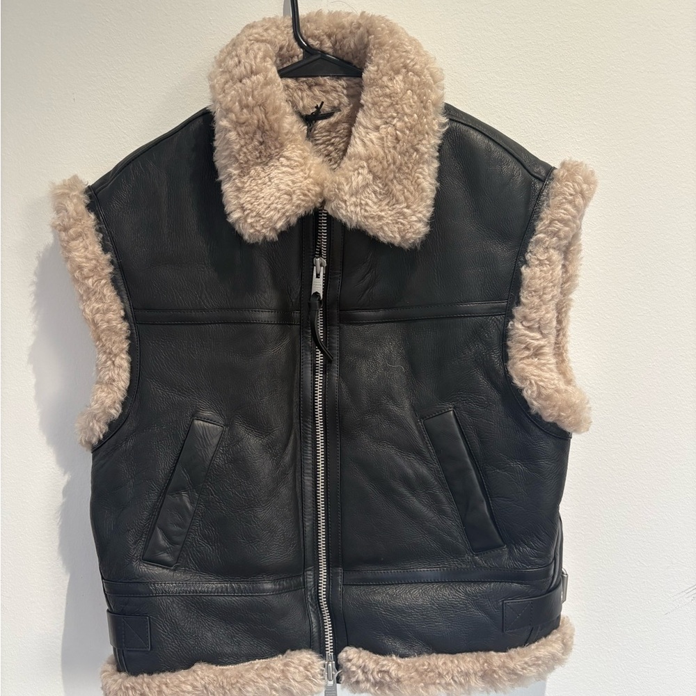 AllSaints Zep Genuine Shearling Black Leather Moto Vest Size S NWT